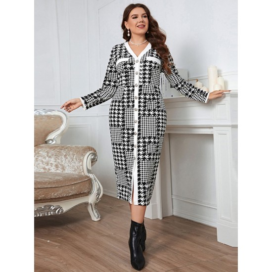 Plus Size  Houndstooth Button V-Neck Knit Dress