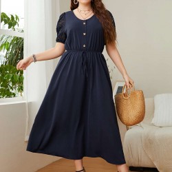 Plus Size Dark Blue  Puff Sleeve Solid Dress