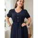 Plus Size Dark Blue  Puff Sleeve Solid Dress