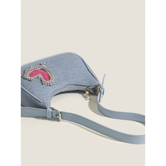 Denim Blue Heart Rhinestone Underarm Bag