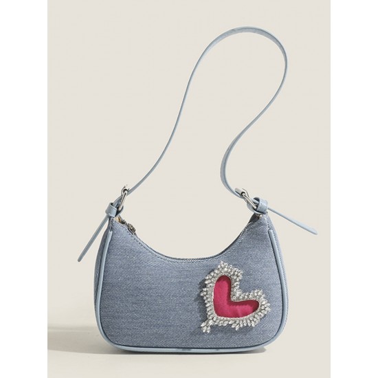 Denim Blue Heart Rhinestone Underarm Bag