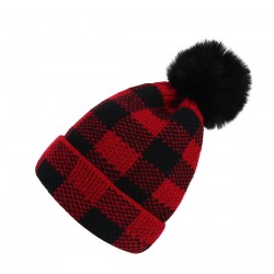 Red & Black Plaid Hairball Knitted Child Hat