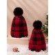 Red & Black Plaid Hairball Knitted Parent Hat