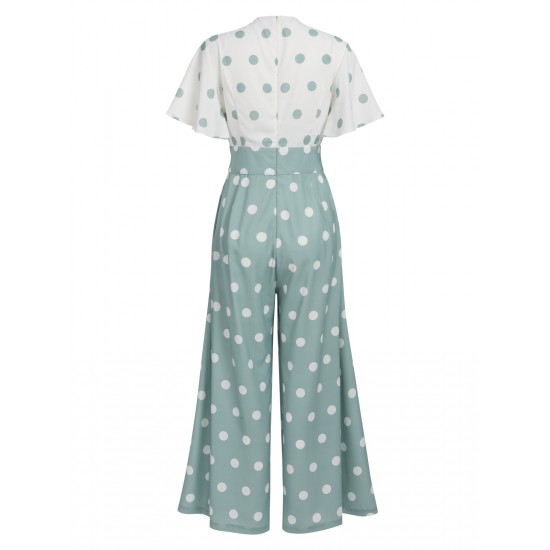  Green White Splicing Polka Dot Jumpsuit