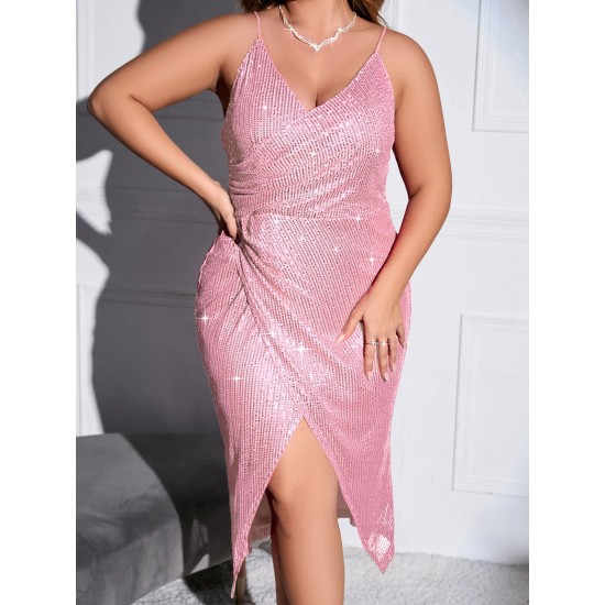 Plus Size  Strap Sequined Slit Hip Dress