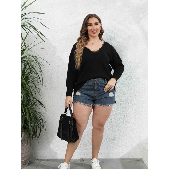 Plus Size Black V-Neck Lace Patchwork Knit Top