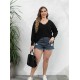 Plus Size Black V-Neck Lace Patchwork Knit Top