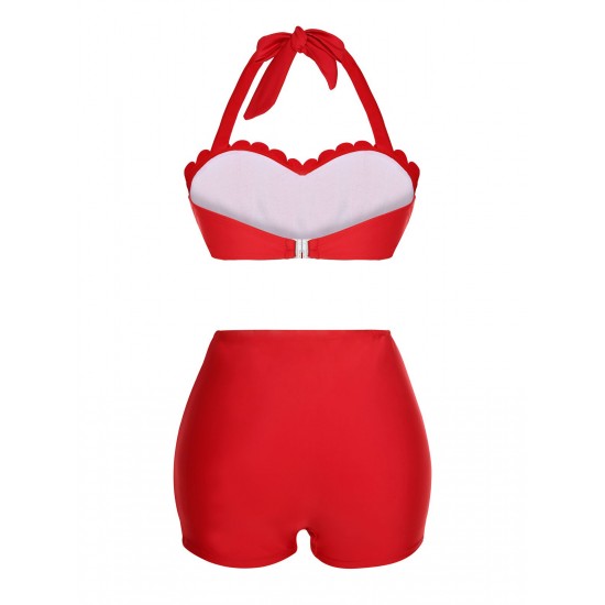 Red  Button Ruffles Halter Swimsuit