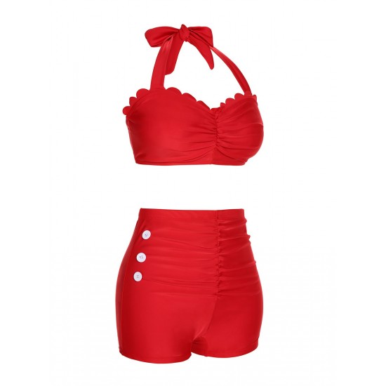 Red  Button Ruffles Halter Swimsuit