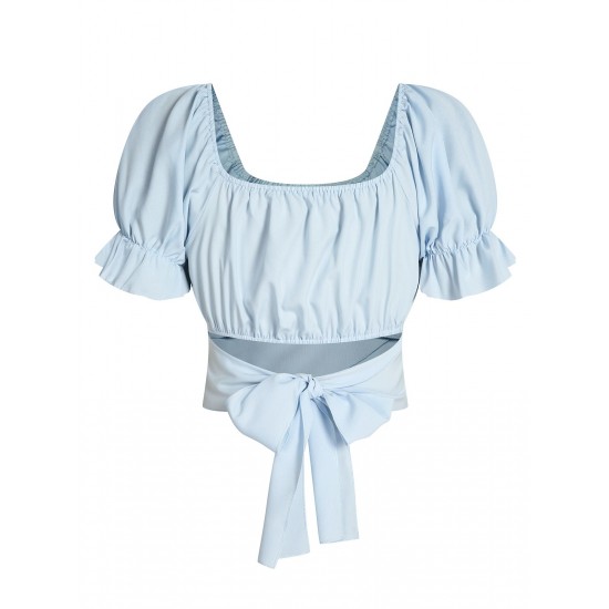 Sky Blue  Solid Puff Sleeves Tops