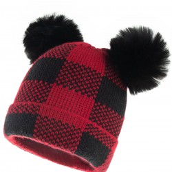 Red & Black Plaid Hairball Knitted Parent Hat