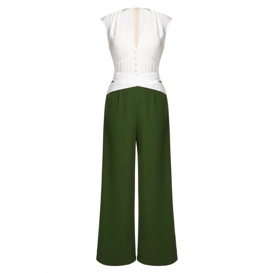 White & Dark Green  Back Bow Jumpsuit