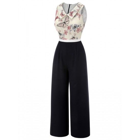 Black & White  Lapel Floral Butterfly Jumpsuit