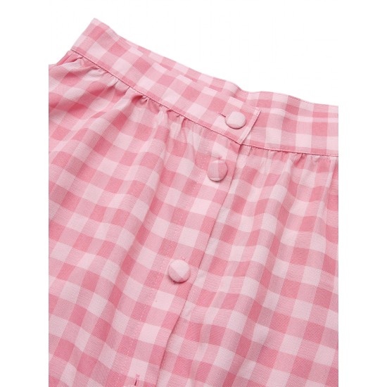  Pink Plaid Button Skirt With Belt