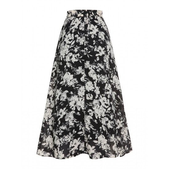 Black&White  Floral Print A-Line Skirt