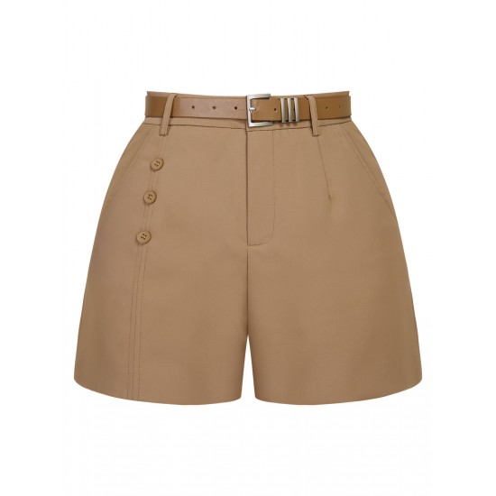 Khaki  Solid Casual Shorts With Belt