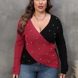 Plus Size  V-Neck Cross Sweater With Pearl