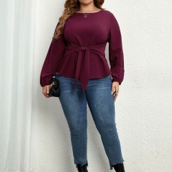 Plus Size Purple  Elastic Cuffs Tie-Up Top