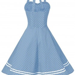 Blue  Polka Dot Halter Swing Dress