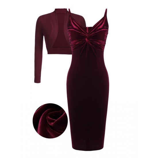 2PCS Wine Red  Velvet Bodycon Dress