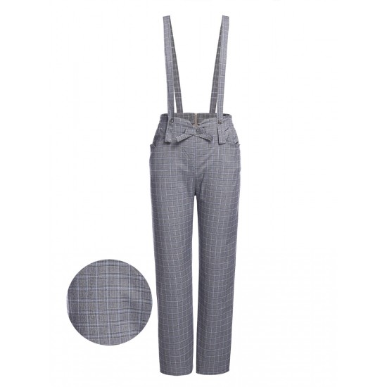 Gray  Plaids Suspender Pants