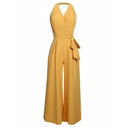 Yellow  Halter Lace-Up Jumpsuit