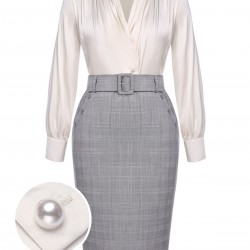  Ivory Solid Blouse & Gray  Skirt