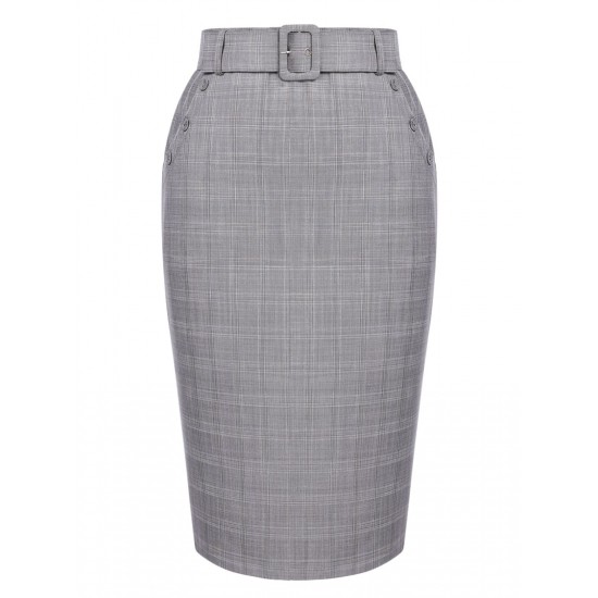 Gray  Plaid Belt Pencil Skirt