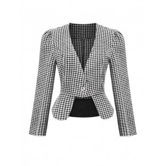 Black   Plaid Button Fitted Blazer