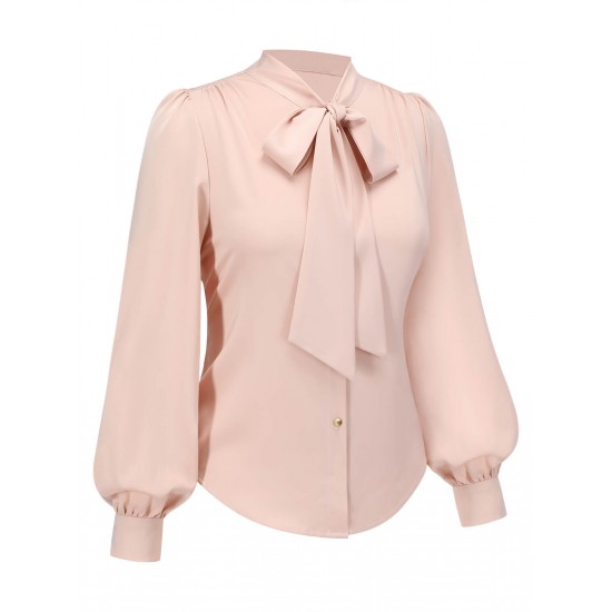 Pale Pink  Bowtie Collar Satin Tops