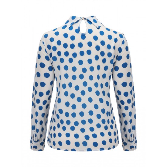  Blue Dots Tie-Up Collar Blouse