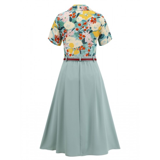 2PCS Light Blue  Floral Blouse & Solid Belted Skirt