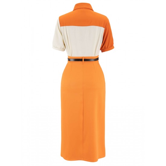  2PCS Vintage Orange Shirt & Slit Skirt