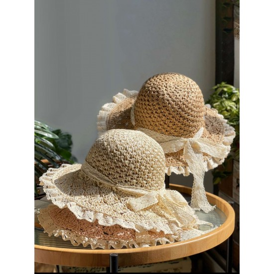 Pale Pink Hand-made Lace Bow Sun Hat