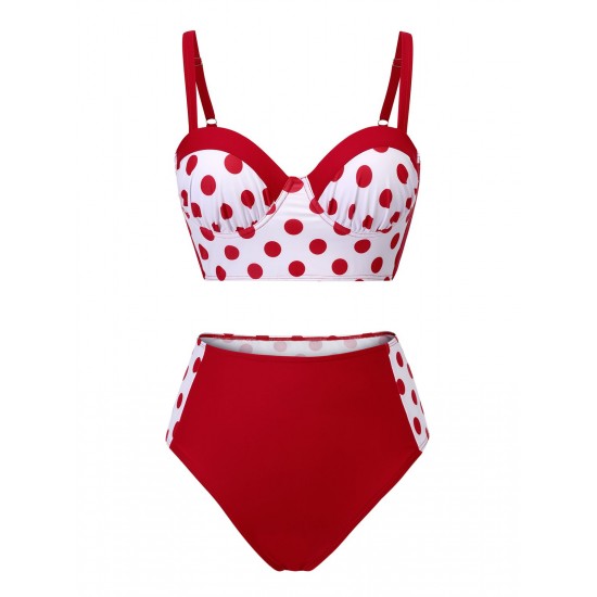 Red  Polka Dot Pleated Swimsuit