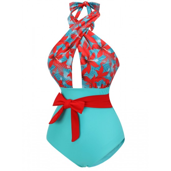  Bow Tie Floral Cross Straps Swimsuit