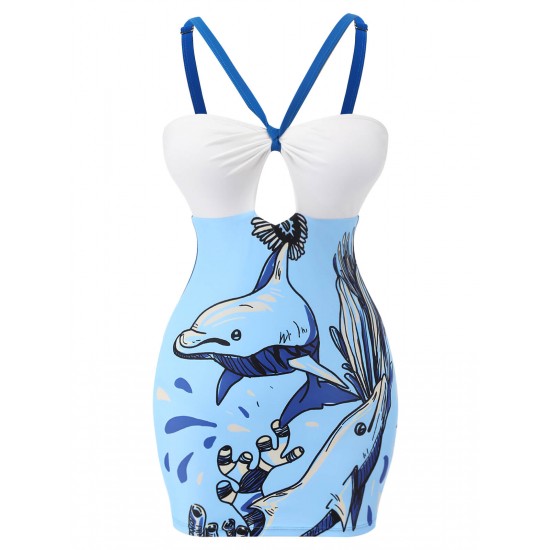 Blue  Dolphin Halter One-piece Swimsuit